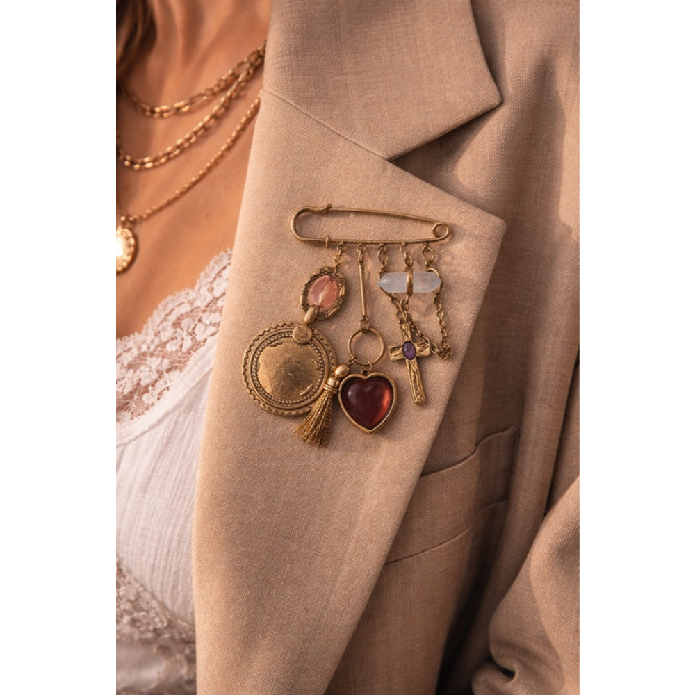 Free People Carry On Safety Pin Brooch NWT Gold Charm Boho Statement Piece